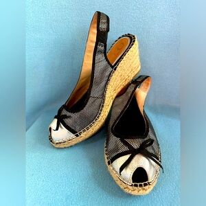 Anthropologie Vidorreta Joslin Peep Toe Sling Back Wedge Espadrilles Silver Bows